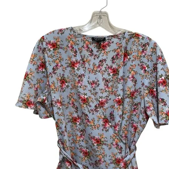 Topshop Confetti Floral Wrap Tea Dress Light Blue Multicolor Size 6 - Picture 5 of 9